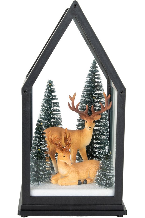 Christmas Decoration Lighted Black Frame Deer and Pine Trees Black 13X25.5 Cm.