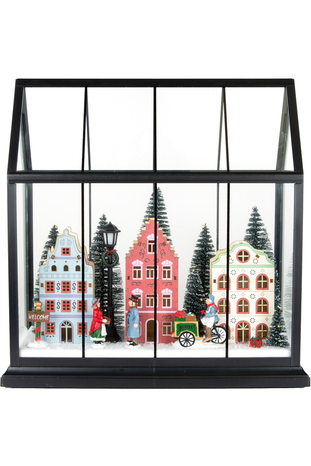 New year's decor lighted black glass cage with houses and pine trees black-green-red 33x15 cm.
