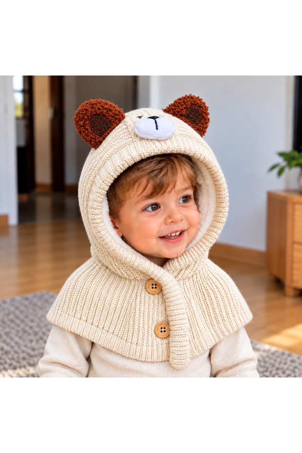 100% Acrylic Cream Color 1-4 Years Old Kitti Brand Balaklava with Fleece Lining Inside