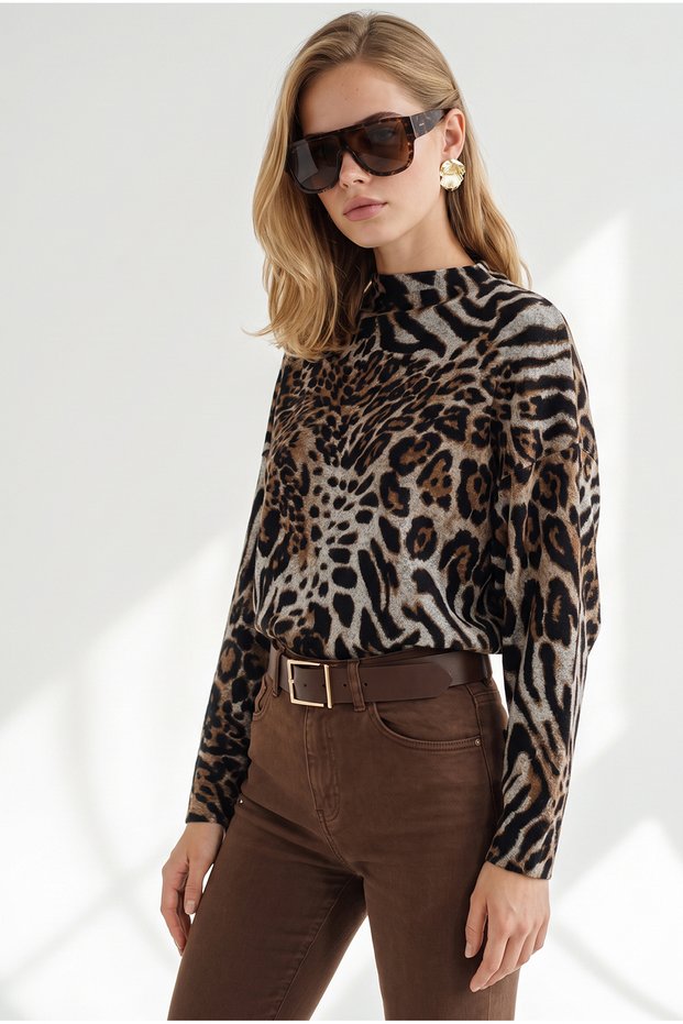 Women's Beige Leopard High Collar Loose Fit Soft Blouse Blz-19003486