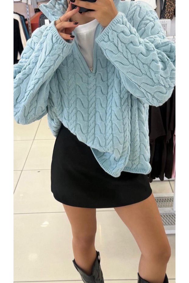 Premium Polo Zipper Collar Hair Braid Patterned Oversize Sweater