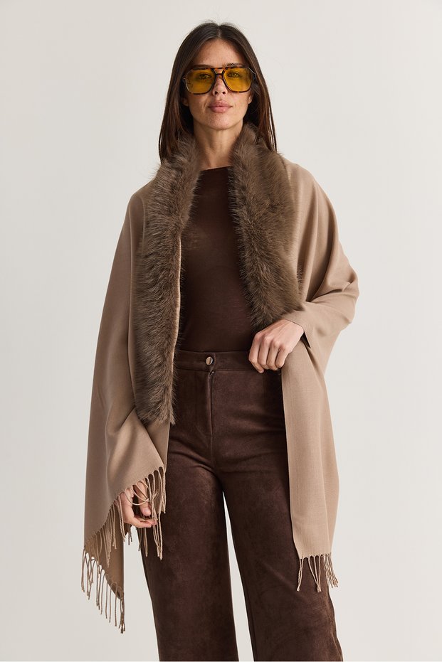 Women's Mink Fur Collar Detailed Tassel Cashmere Textured Poncho Shawl 11293 60286768