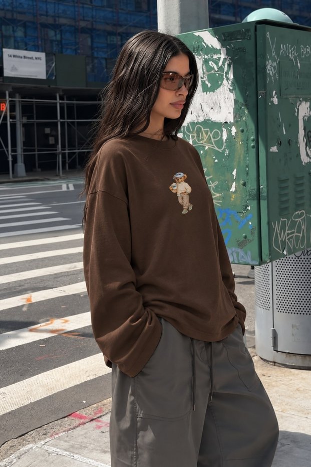 Women's Relaxed Fit Sweatshirt Coffee Bear Printed Brown – Crew Neck, 3 Thread Without Drawstrings