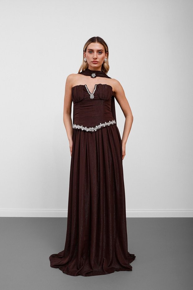 Brown Strapless Scarf Stone Embellished Pleated Evening Dress