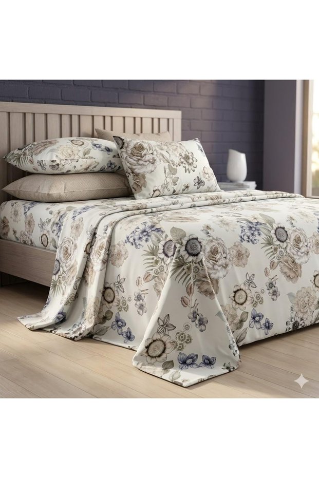 3 Pieces Flat Bedsheet Set with Floral Pattern King Size Bed Pillow Cover Set with 1 Bedsheet, 2 Pillow Cover Bedding Set King (U.K. Standard)) (Light Cream Floral., King (U.K. Standard))