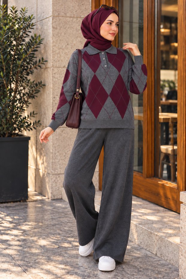 Polo Collar Baklava Pattern Double Knitwear Set Anthracite