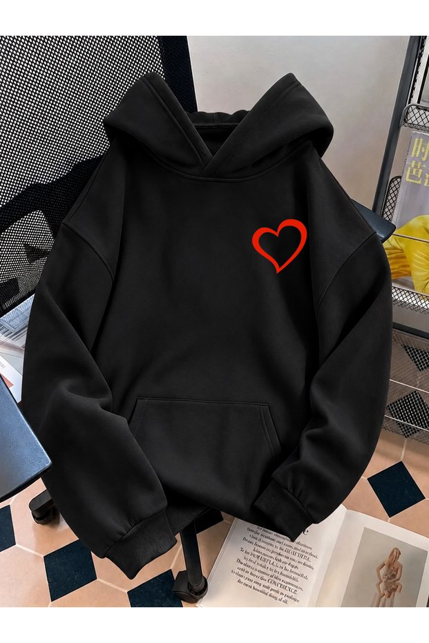 Women's Black Oversize Hooded Sweatshirt Red Minimal