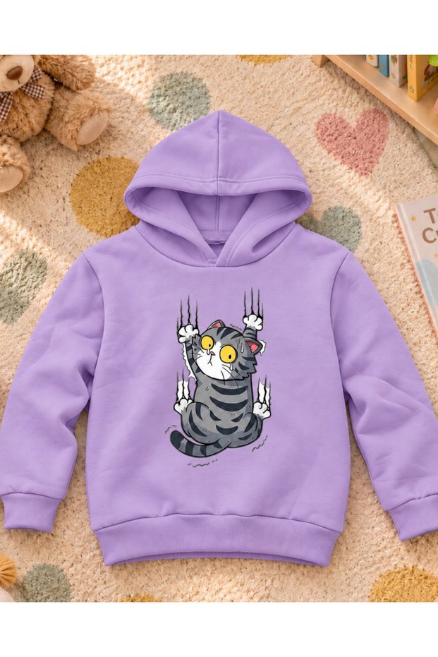 Crazy Cat Printed Hooded Unisex Kids Sweatshirt
