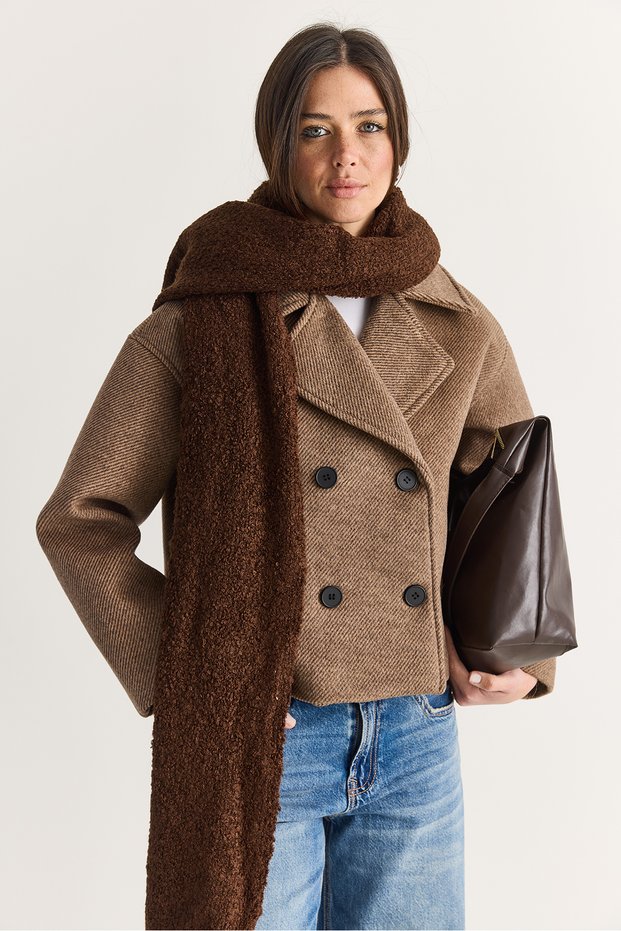 Women's Brown Double-Breasted Collar Short Cashmere Coat with Double-Buttoned Pocket Detail 3234 60286759
