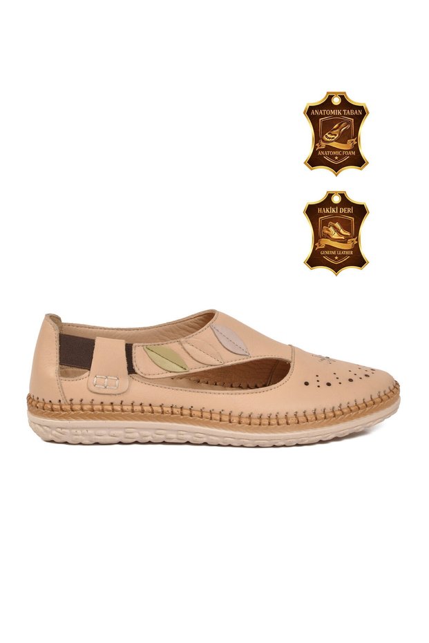 Beige Genuine Leather Women's Casual Shoes with Side Elastic