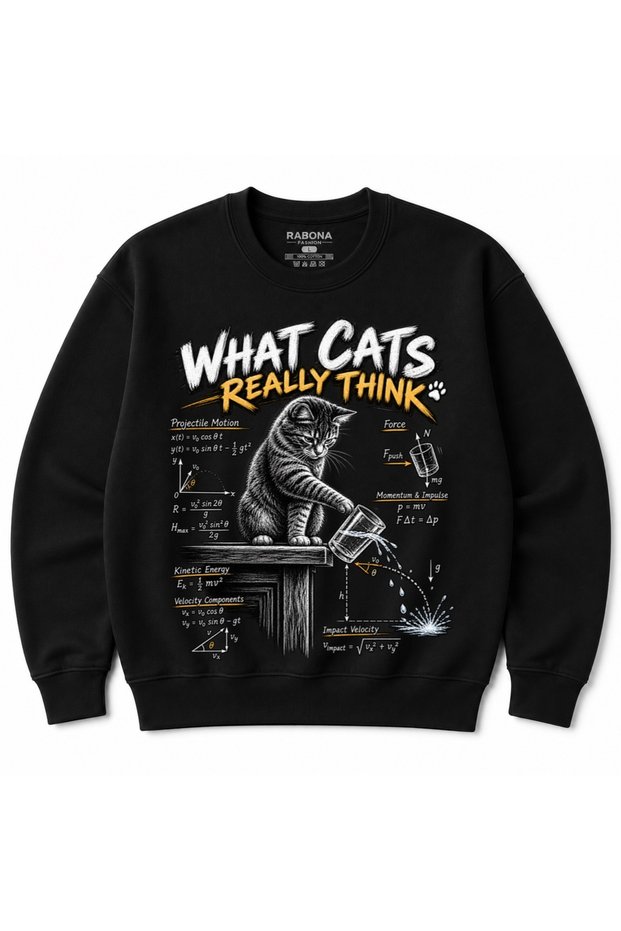 What Cats Really Think Physics Cat Graphic Cotton Crewneck Sweatshirt