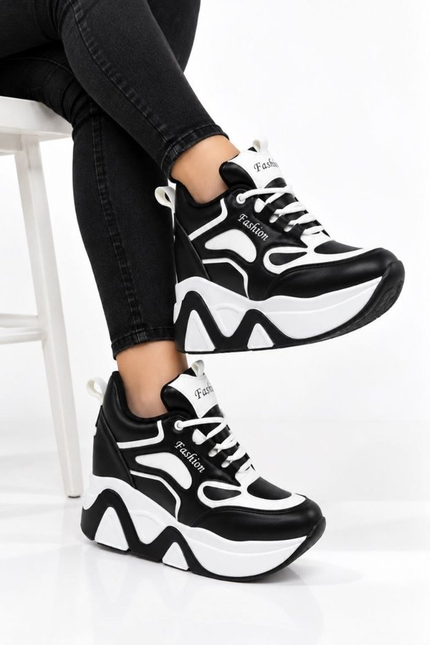 Women's Black and White High Heel Sneakers 10 cm Height