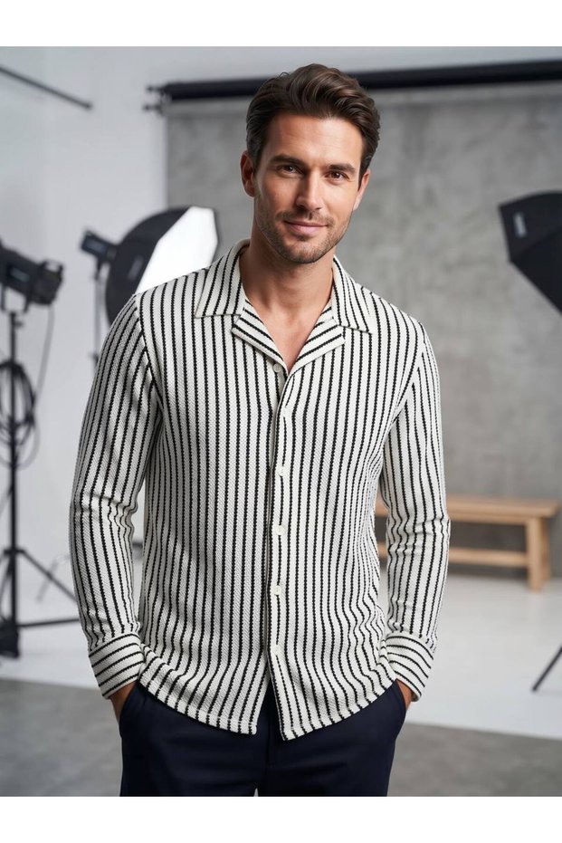 Men's Long Sleeve 100% Cotton Blend Regular Fit Dobby Lapel Striped Shirt