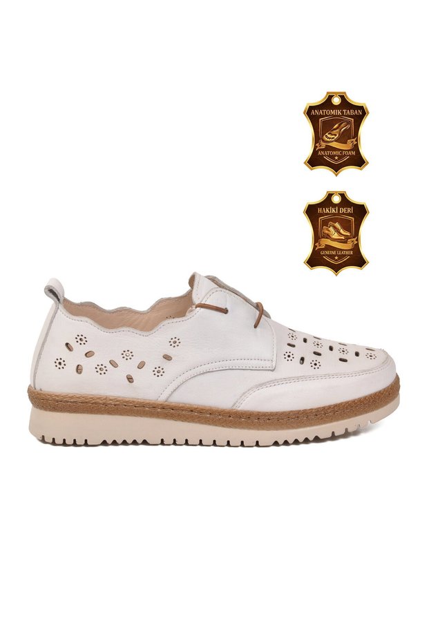 White Genuine Leather Rubber Laced Patterned Women's Casual Shoes