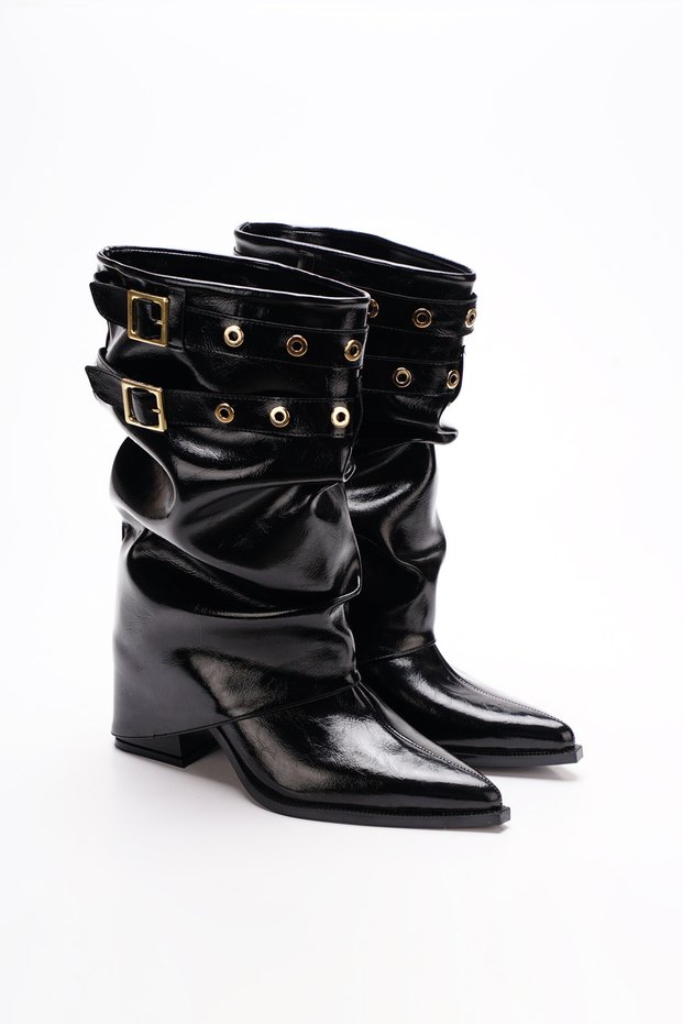 Black Shiny Buckle Studded Drawstring Boots - Pointed Toe Low Heel Women's Bootie