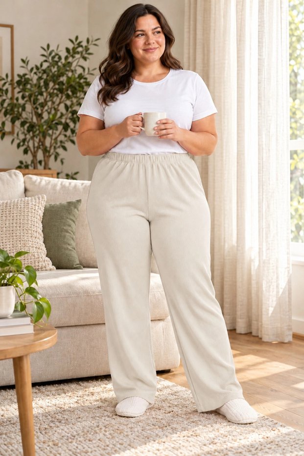 Ribbed King Size Stretchy Camisole Seasonal Pajama Bottoms - Light Beige