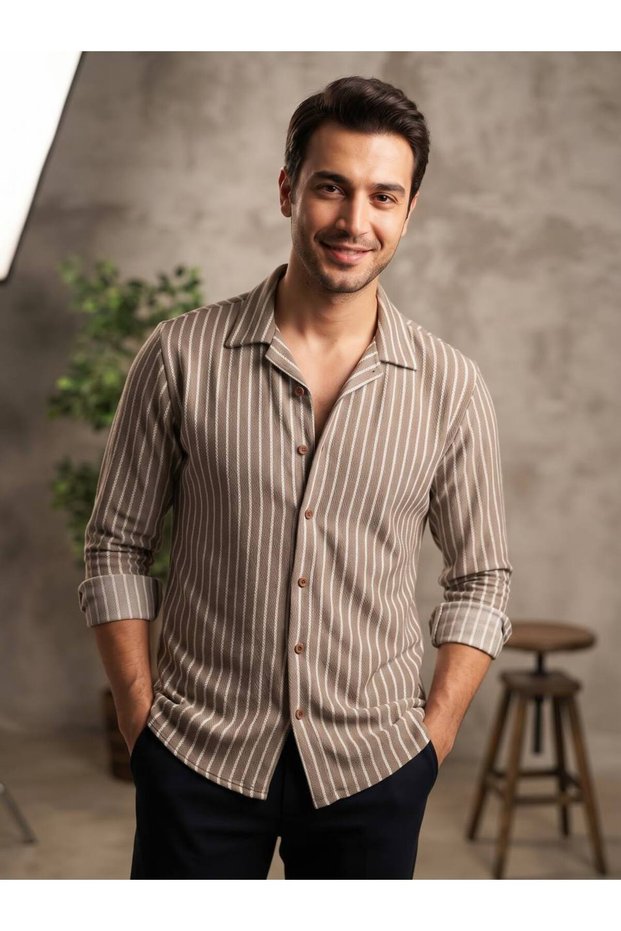 Men's Long Sleeve 100% Cotton Blend Regular Fit Dobby Lapel Striped Shirt