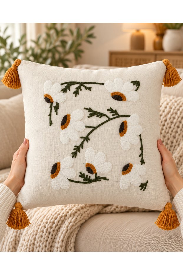 2-Piece Punch Embroidered Tasseled Decorative Throw Pillow Cover