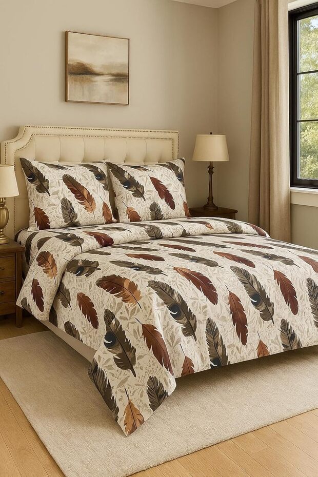 3 Pieces Flat Bedsheet Set with Floral Pattern King Size Bed Pillow Cover Set with 1 Bedsheet, 2 Pillow. Bedding Set (leaf, King (U.K. Standard))