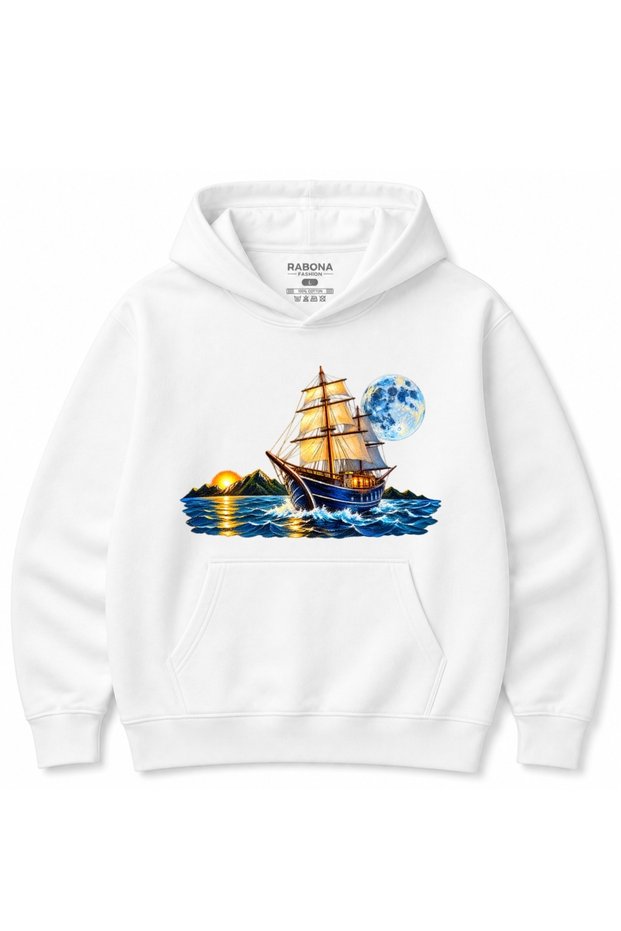 Moonlit Voyage – Full Moon and Sunset Sailing Ship Printed Hoodie