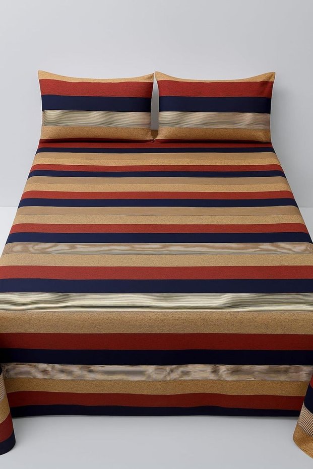 3 Pieces Flat Bedsheet Set with Floral Pattern King Size Bed Pillow Cover Set with 1 Bedsheet, 2 Pillow Cover Bedding Set (Red Stripe, King (U.K. Standard))