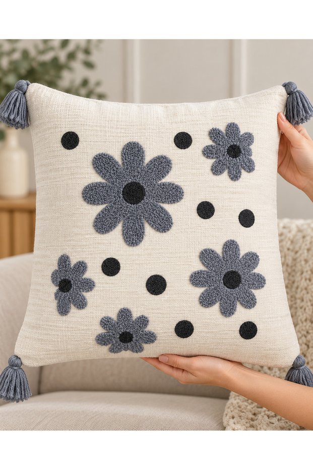 2-Piece Punch Embroidered Tasseled Decorative Throw Pillow Cover