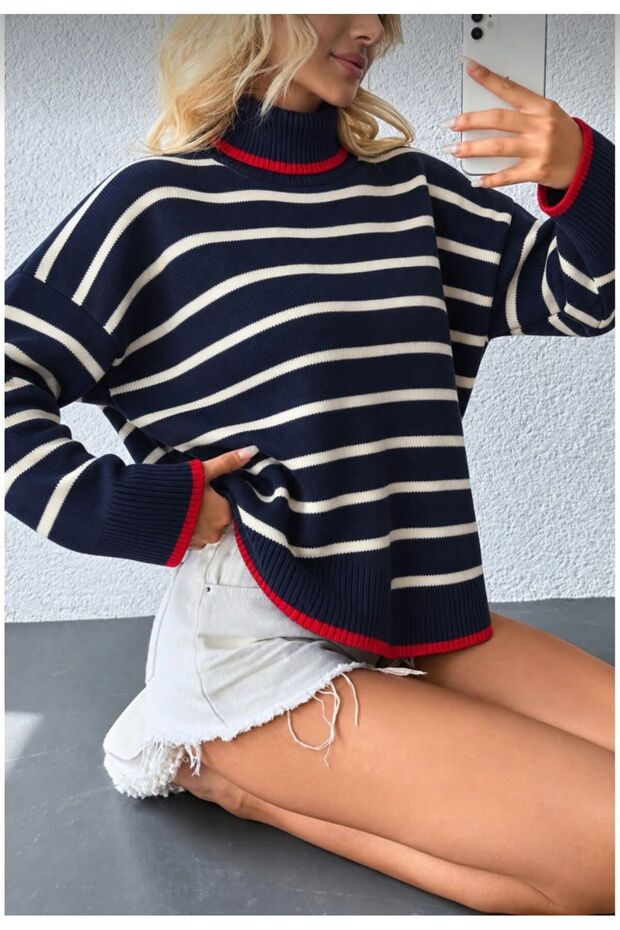 Women's Striped Patterned Full Fisherman Knit Sweater