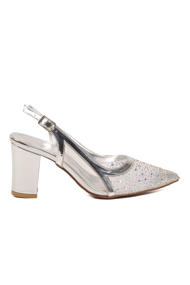 Silver Stone Embellished Adjustable Ankle Strap Thick Heel Pointed Toe Women's Evening Dress Shoes