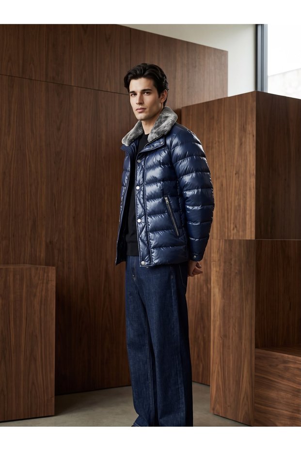 Men's Collar Inflatable Coat with Fur