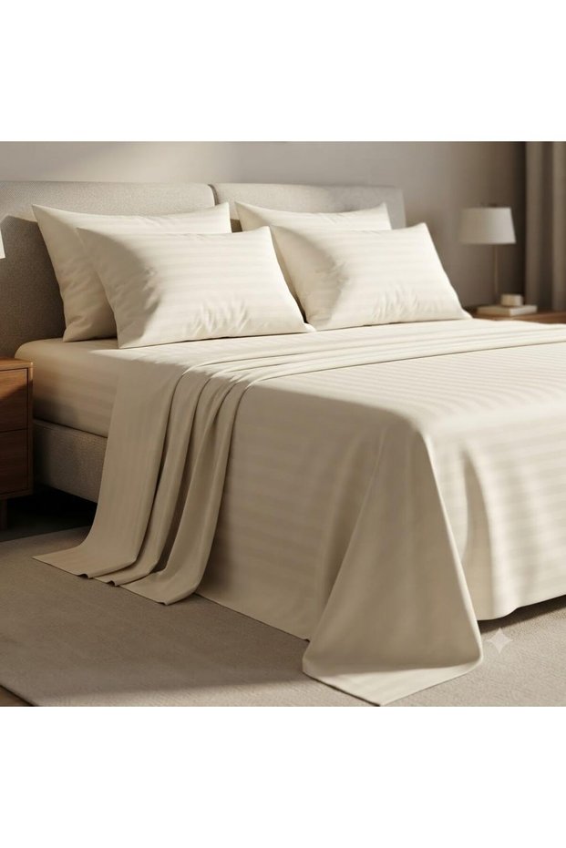 Luxury 3-Piece Turkish Cotton Bedsheet Set – 300 Thread Count, Elegant Stripe & Plain Dyed Flat Sheet Collection with Matching Pillowcases (King Size) (Cream, King (U.K. Standard))