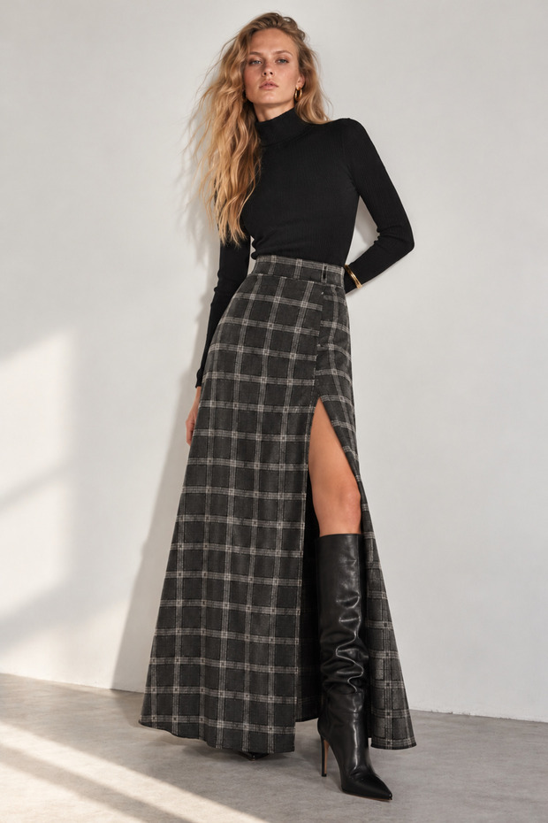 Anthracite Gray Plaid Patterned Long Maxi Women's Skirt with High Slit Detail