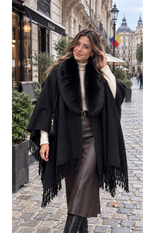 Black Lux Faux Fur Collar Tasseled Women's Shawl Poncho