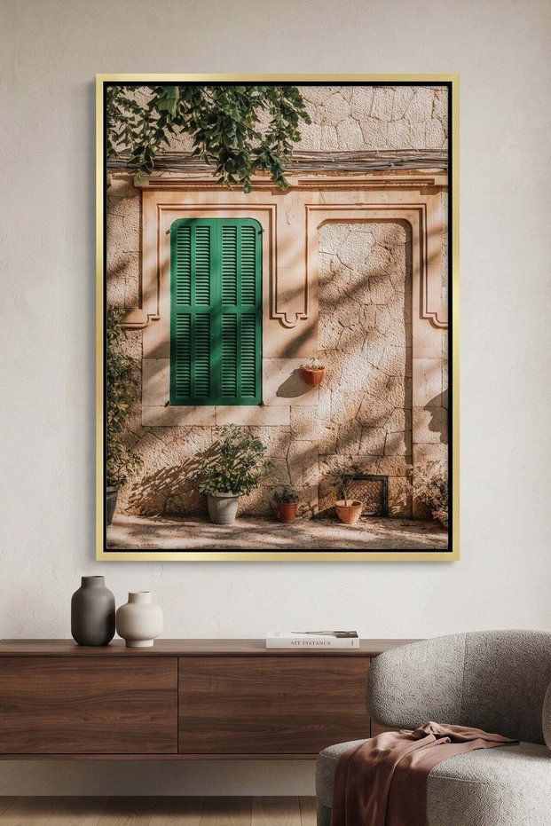 Mediterranean Green Shutters Architecture Wall Art | Portrait Framed Canvas Print | Home Decor