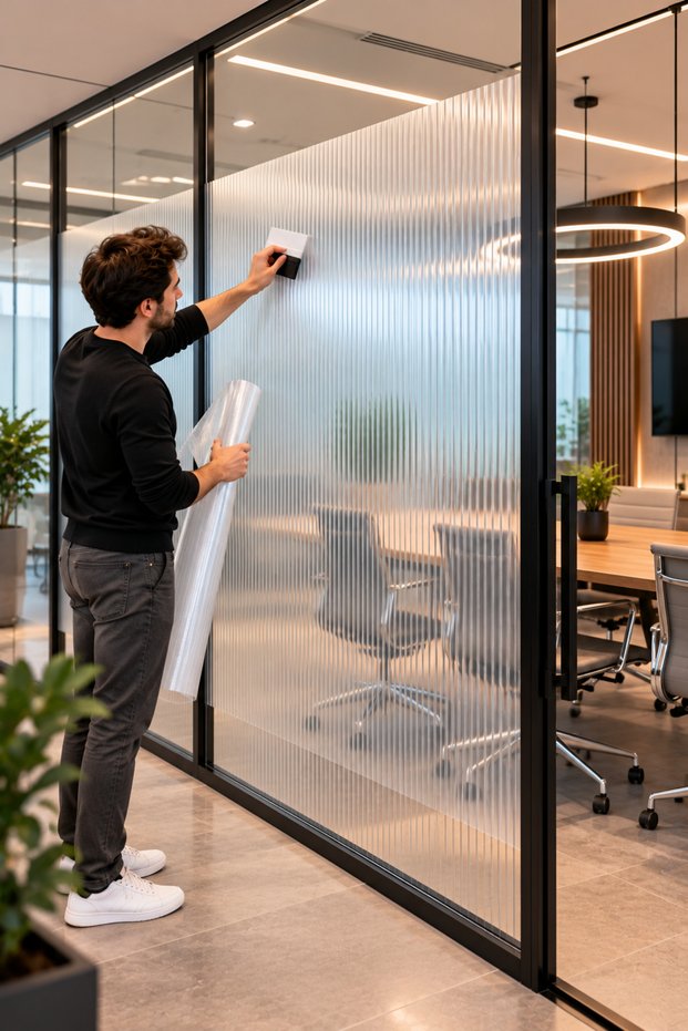 Ribbed Glass Foil Self-Adhesive – Frosted Glass Look Striped Decorative Glass Covering, Privacy-Providing Glass Sticker, Office, Bathroom, Balcony and Door Glass Foil Kod0378
