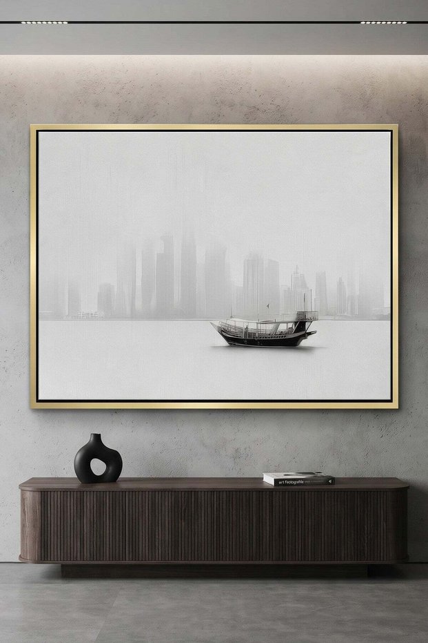 The Foggy Dhow Architecture Wall Art | Landscape Framed Canvas Print | Modern Decor for Living Room