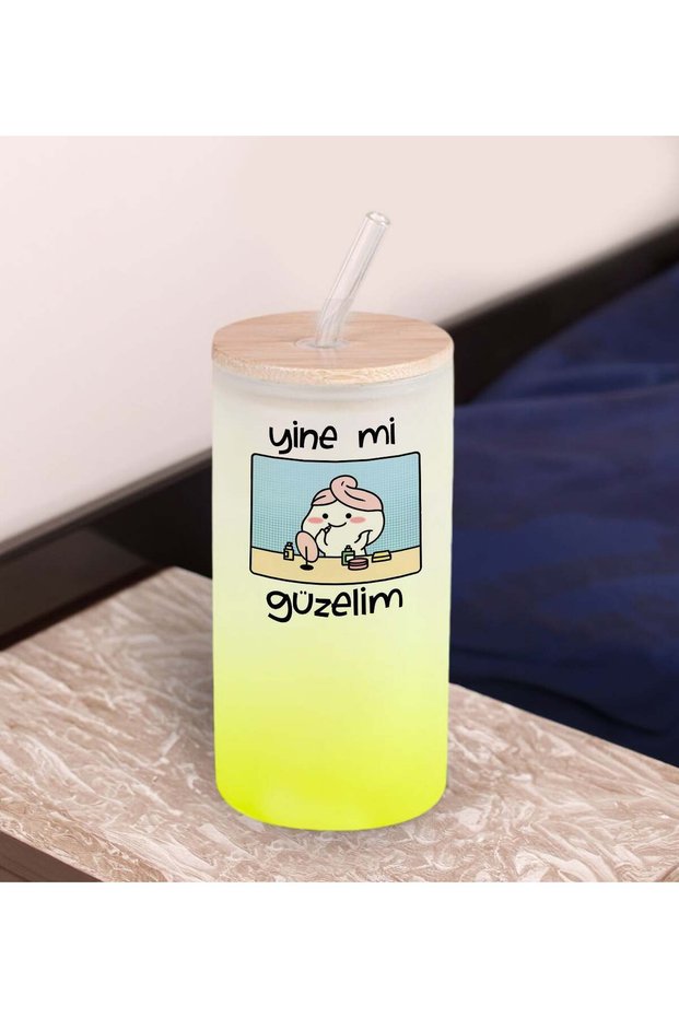 Humorous Design Yellow Color Frosted Glass Cup with Straw 600ml - 8, Gift for a Friend, Birthday Gift