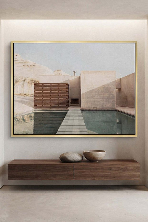 Earthy Tones Brutalist Architecture Wall Art | Landscape Framed Canvas Print | Luxury Home Decor