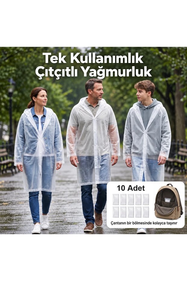 Disposable Raincoat 10 Pieces – Transparent, with Hood, Snap Fasteners, Compact Package
