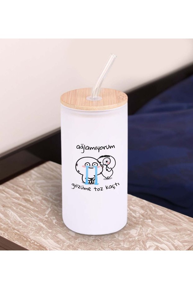 Humorous Design White Color Frosted Glass Cup with Straw 600ml - 2, Gift for a Friend, Birthday Gift