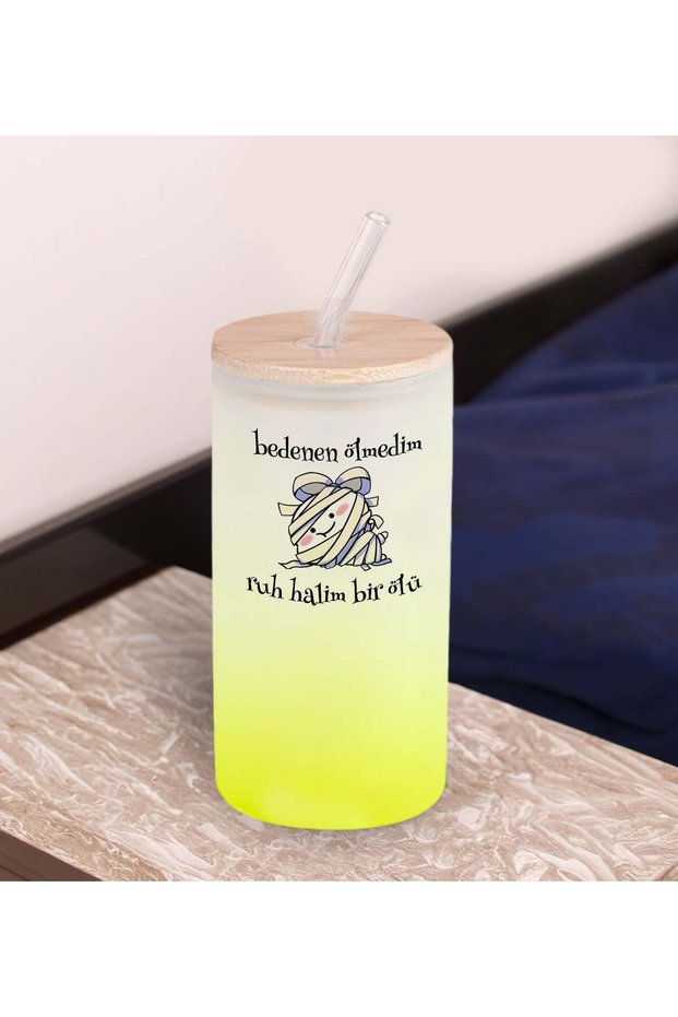 Humorous Design Yellow Color Frosted Glass Cup with Straw 600ml - 9, Gift for a Friend, Birthday Gift