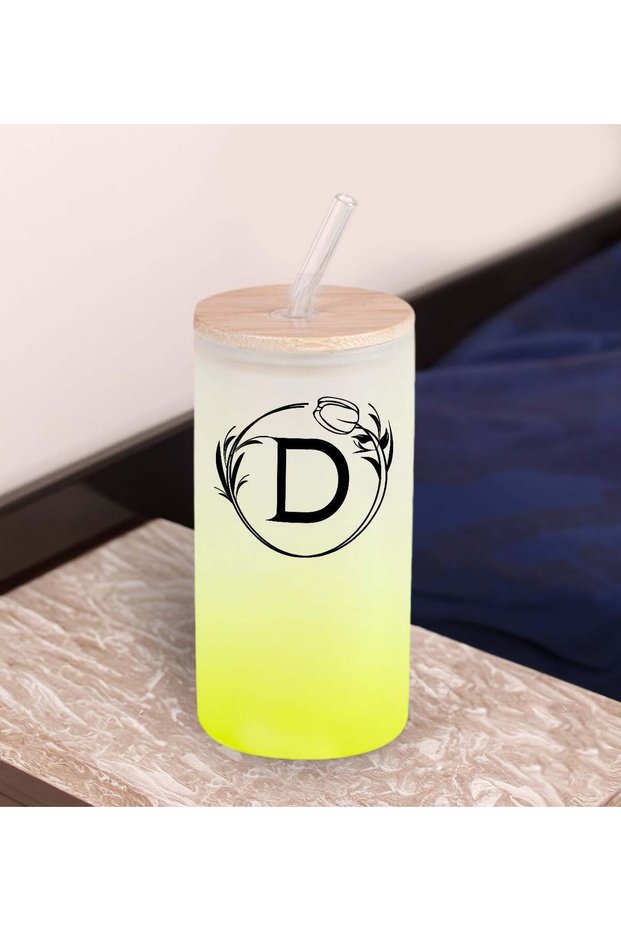 Yellow Colored Lettered Glass Cup with Straw 600ml - 2, Gift for a Friend, Birthday Gift