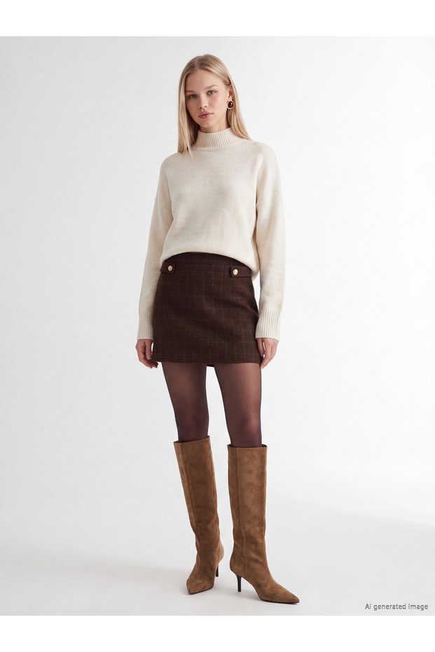 Özmarka New Season Brown Tweed Mini Skirt
