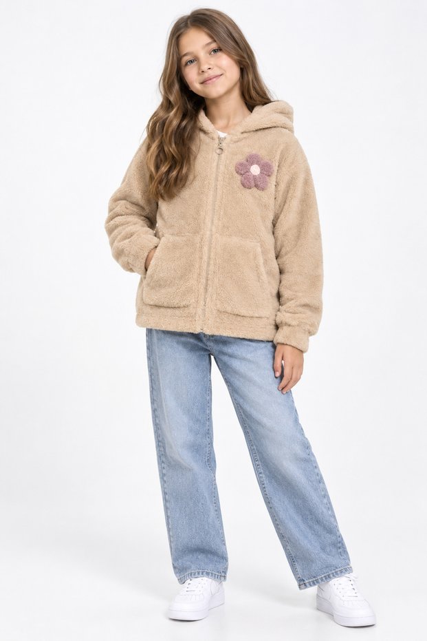 Plush Floral Hooded Children's Winter Cardigan 6-10 Years Old