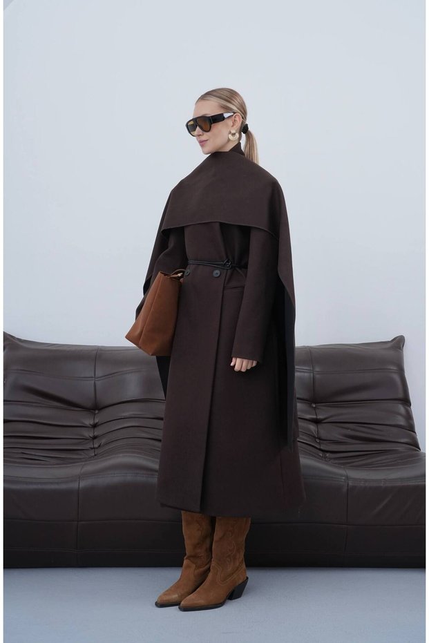 Oversize(Bol) Premium Long Double-Breasted Coat with Shawl Collar and Belt