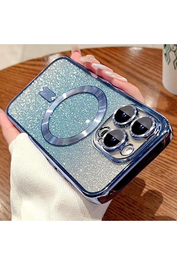غطاء مغناطيسي لامع لآيفون 15 برو مع حماية لعدسة الكاميرا، متوافق مع MagSafe، فاخر
