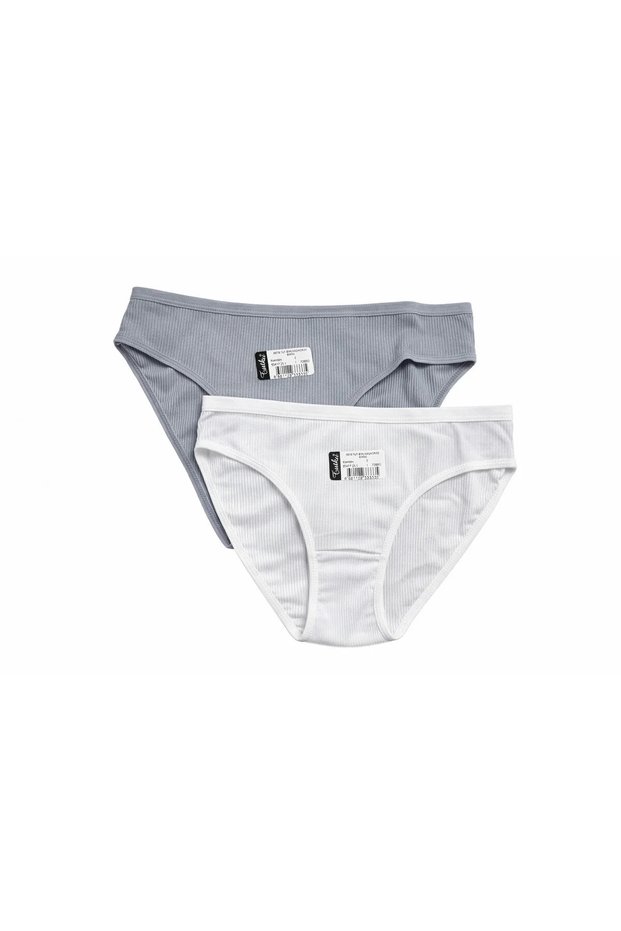 2 Pieces Women's 100% Cotton High Ribbed Standard Size Panties Gathering Cotton Underwear Gray-White