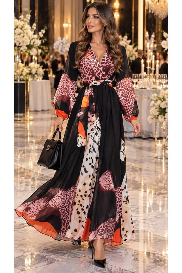 Crepe Fabric Double Breasted Belted Pink Black Floral Detailed Dress
