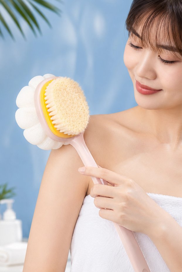 2-in-1 Flower Shaped Back and Body Cleaning Brush with Fiber and Brush Handle