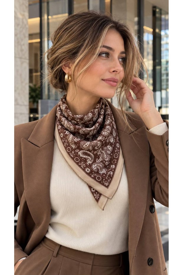 Coffee Shawl Patterned Cotton Women's Scarf 70X70 cm