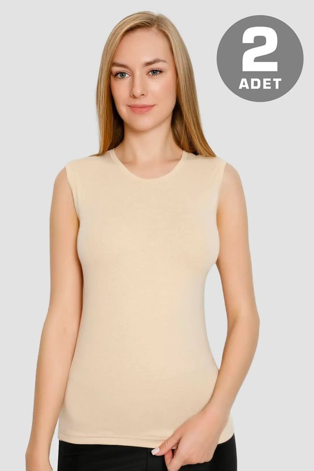 Women's Cotton Lycra Crew Neck Sleeveless T-Shirt Skin Color 2'Li Package Summer Blouse Relaxed Cut